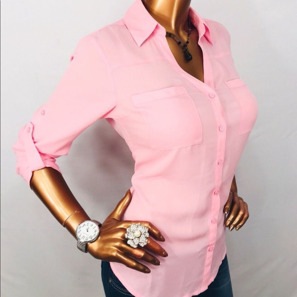 EXPRESS button up sheer pink shirt